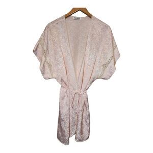 Vintage 80s Lucie Ann Pink Lace Satin Floral Kimono Robe Nightie Womens Large